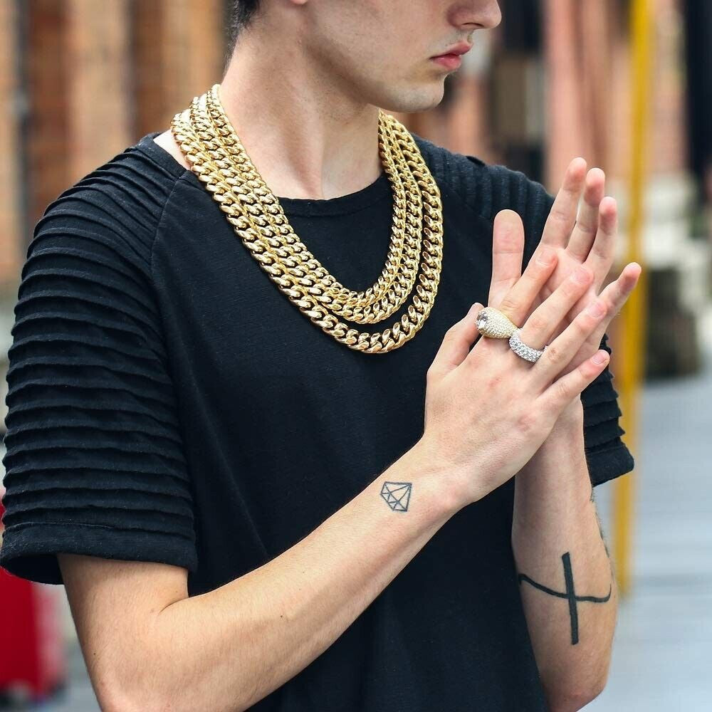 Men'S 14K Gold Plated Stainless Steel Miami Cuban Link Bracelet Chain Necklace