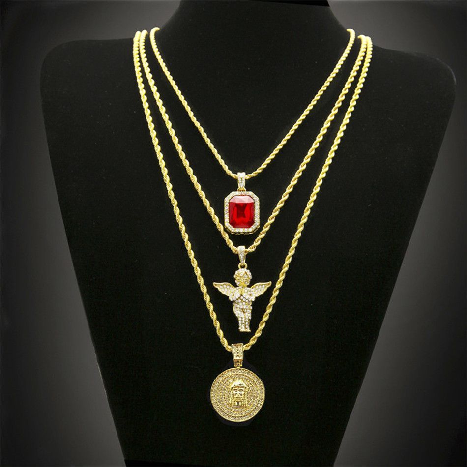 3-Piece Gem Angel & Jesus Pendant Set