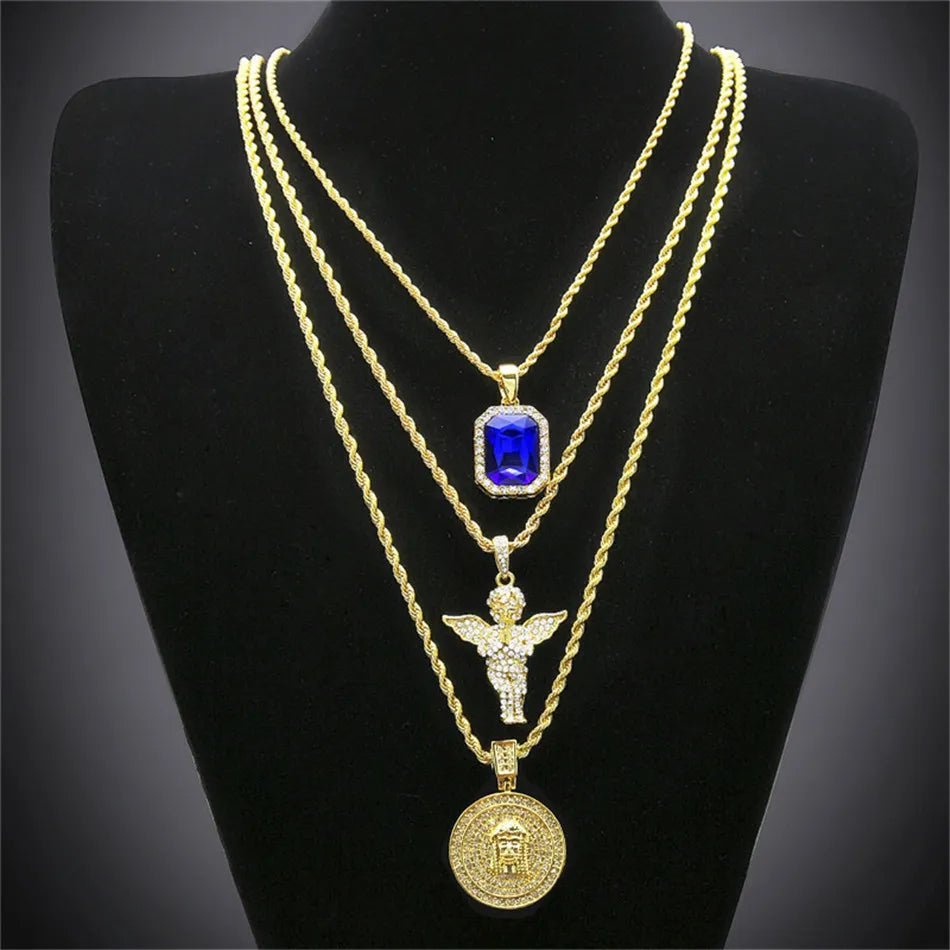 3-Piece Gem Angel & Jesus Pendant Set