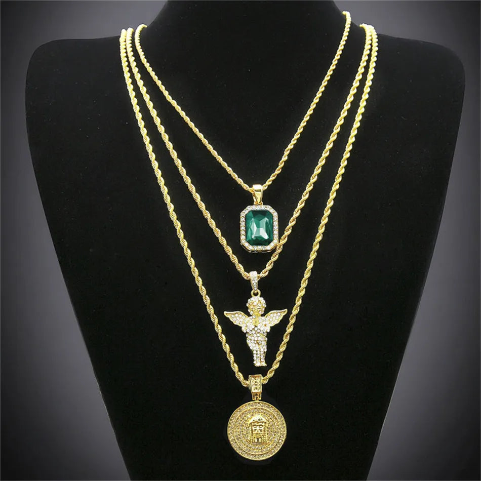 3-Piece Gem Angel & Jesus Pendant Set