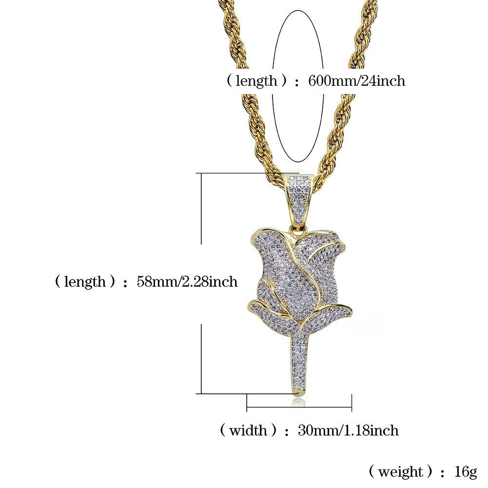Iced Out Rose Flower Pendant & Necklace