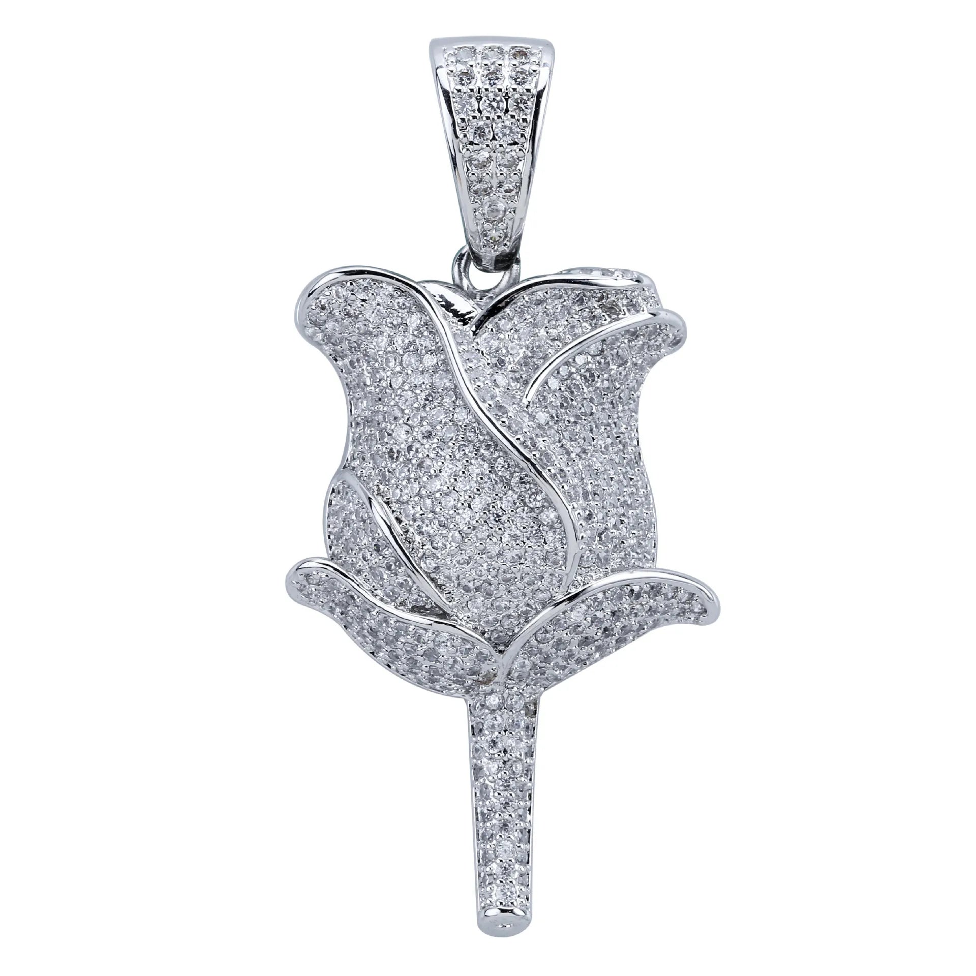 Iced Out Rose Flower Pendant & Necklace
