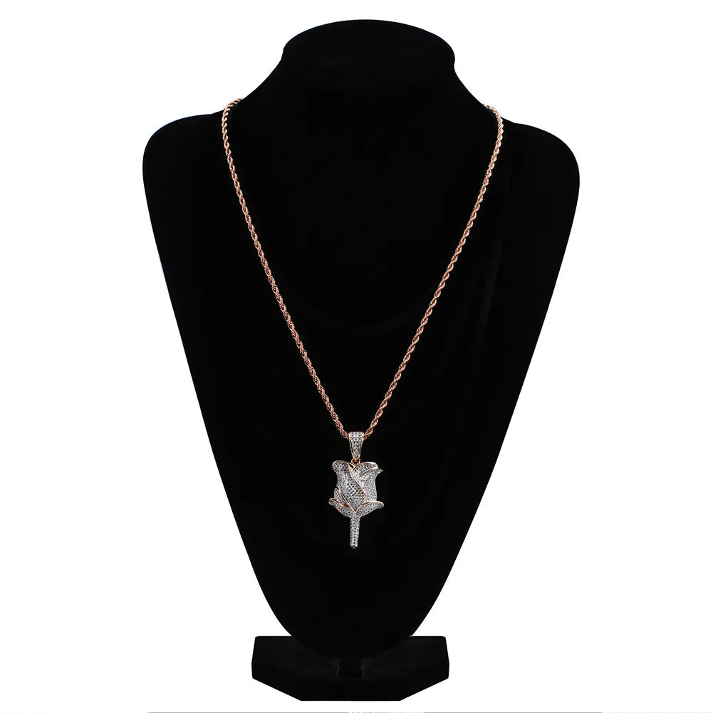 Iced Out Rose Flower Pendant & Necklace