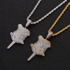 Iced Out Rose Flower Pendant & Necklace