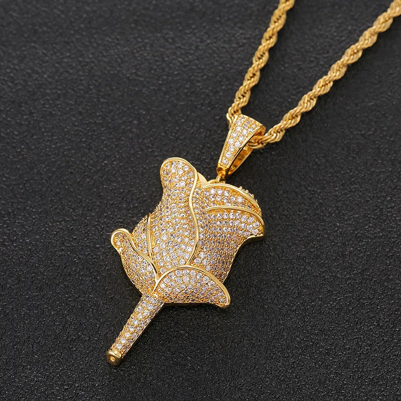 Iced Out Rose Flower Pendant & Necklace