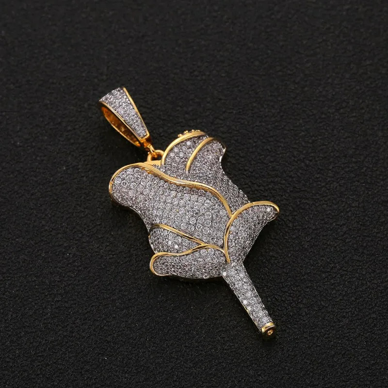 Iced Out Rose Flower Pendant & Necklace