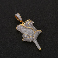 Iced Out Rose Flower Pendant & Necklace