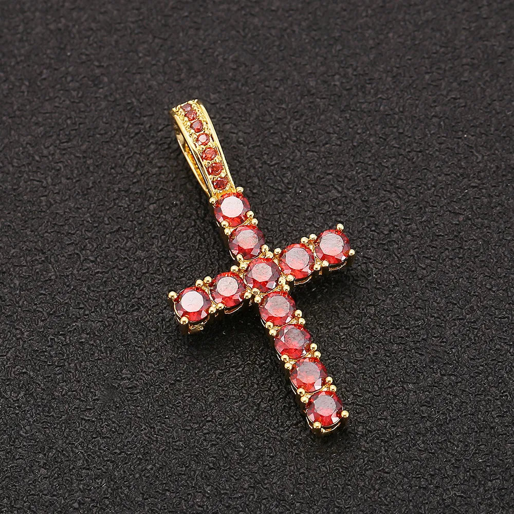 Red Iced Out Cross Pendant & Necklace