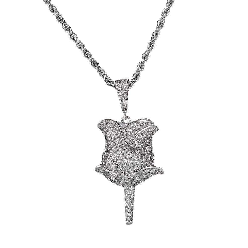 Iced Out Rose Flower Pendant & Necklace