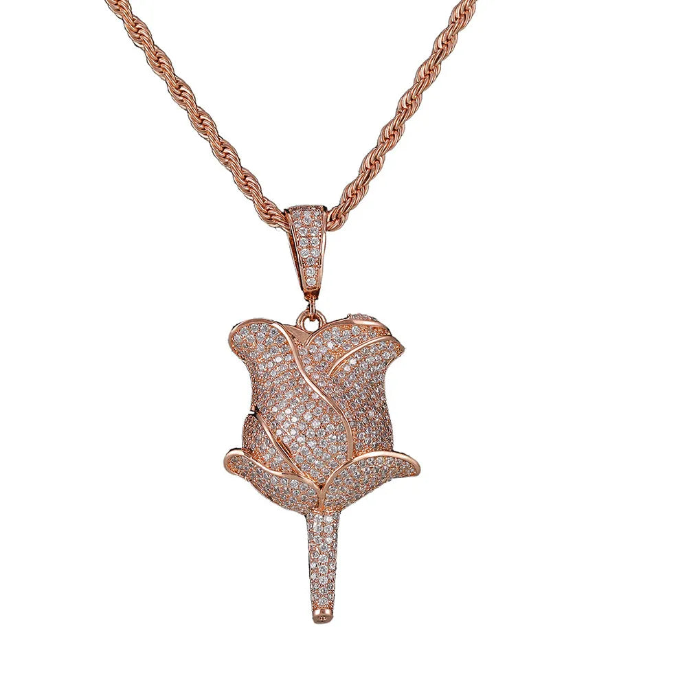 Iced Out Rose Flower Pendant & Necklace