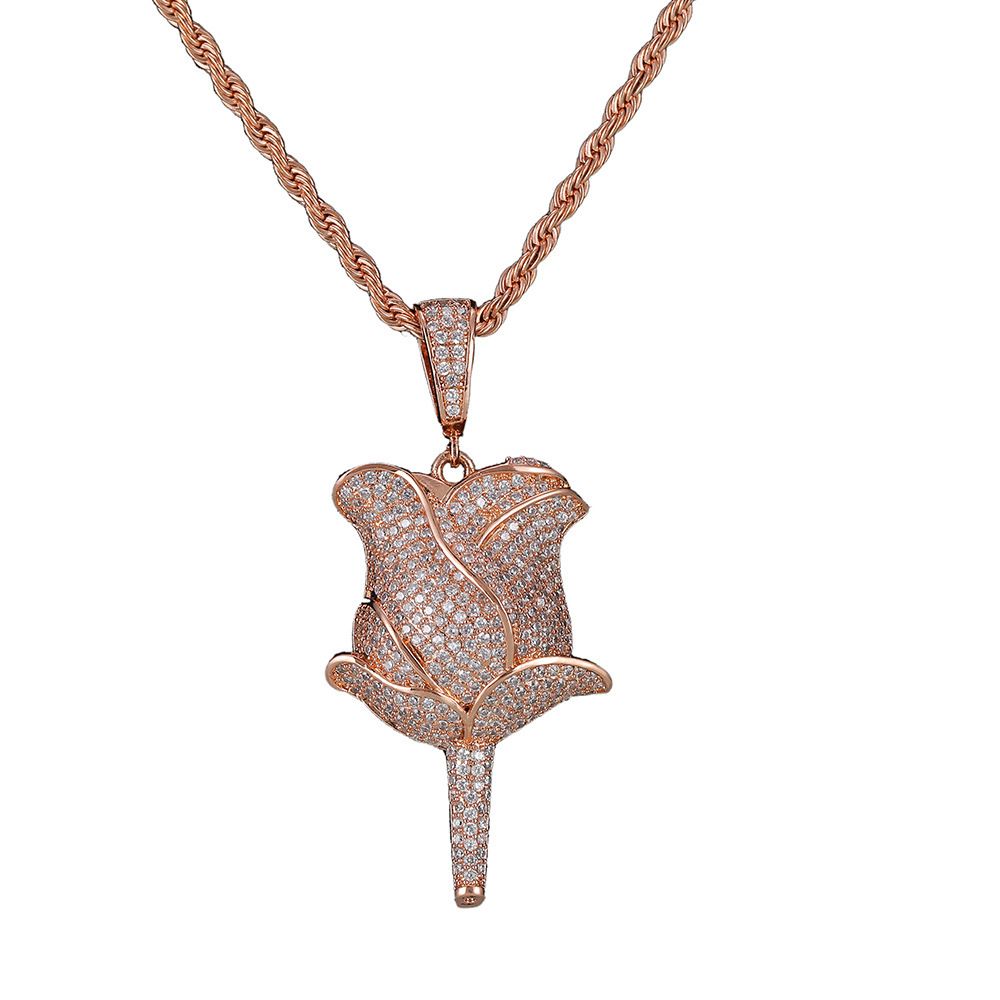 Iced Out Rose Flower Pendant & Necklace