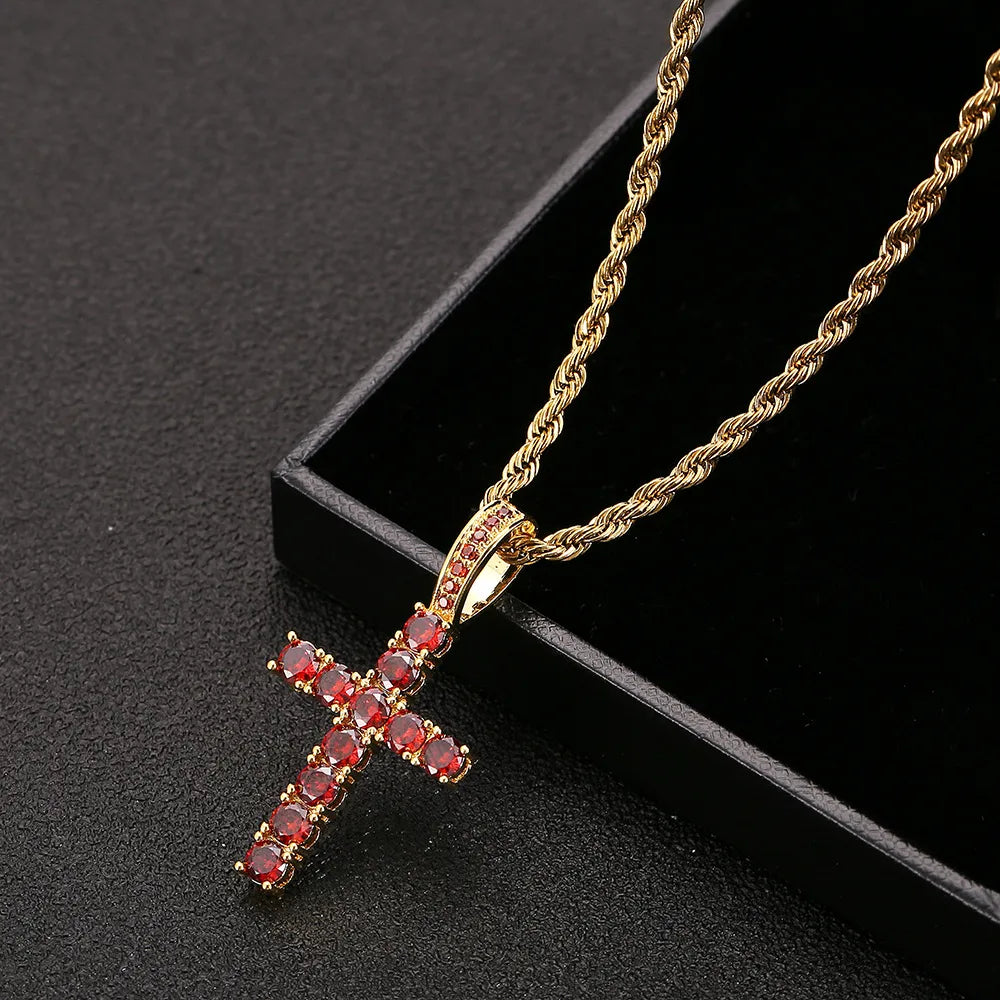 Red Iced Out Cross Pendant & Necklace