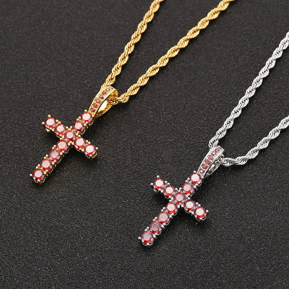 Red Iced Out Cross Pendant & Necklace