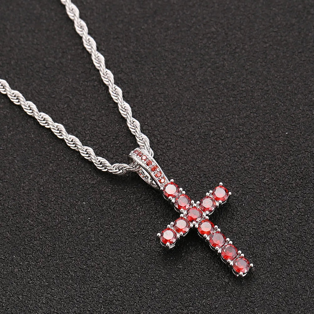 Red Iced Out Cross Pendant & Necklace