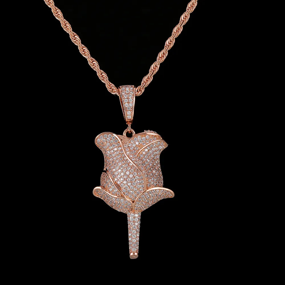 Iced Out Rose Flower Pendant & Necklace