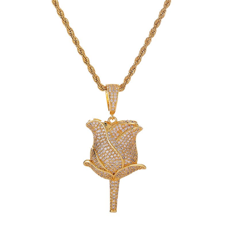 Iced Out Rose Flower Pendant & Necklace