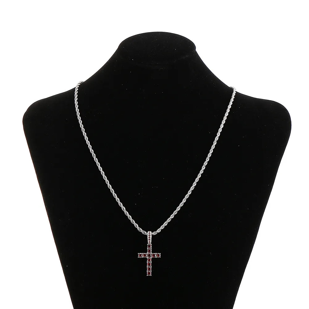 Red Iced Out Cross Pendant & Necklace