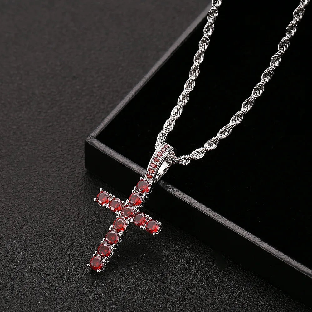 Red Iced Out Cross Pendant & Necklace